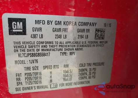 2016 Chevrolet Trax Lt from USA, damaged, VIN KL7CJPSB8GB558417